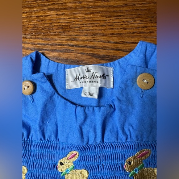 Marie Nicole Blue Baby Overalls with Embroidered Bunnies - Picture 2 of 3